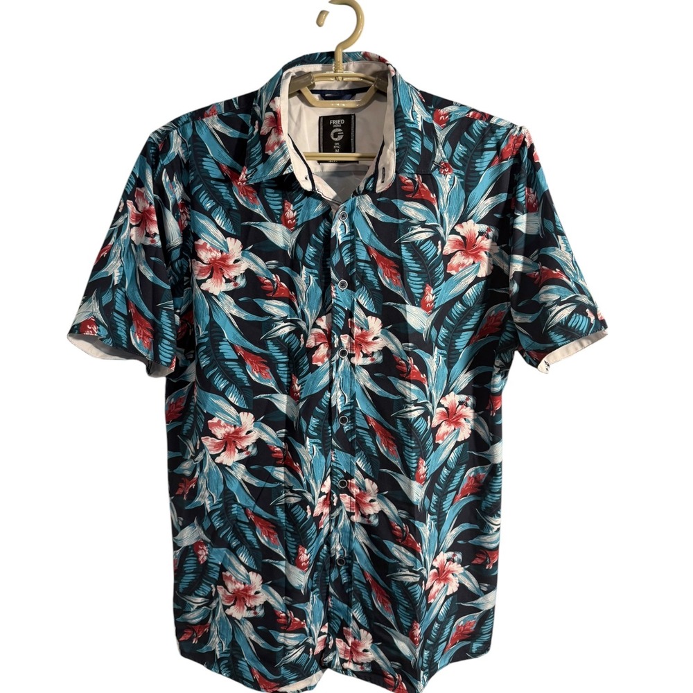 Fried Denim Mens Slim‎ Fit Tropical Floral Button Down Shirt Blue Pink Medium